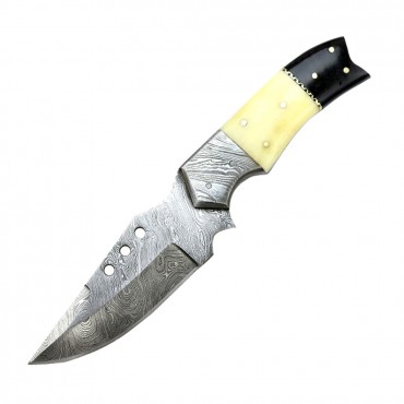 Hunt-Down 9.5 in. Damascus Blade Horn Handle Hunting Knife With Leather Sheath