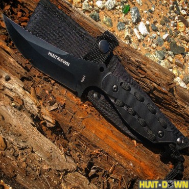 Hunt-Down 8 in. Black Hunting Knife With Black Handle and Black paracord & Sheath