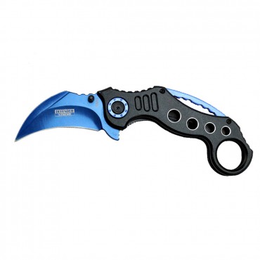 Defender-Xtreme 7 in. Spring Assisted Blue & Black Handle Skinner Knife Steel Blade