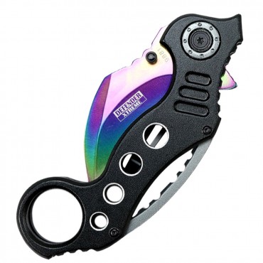 Defender-Xtreme 7 in. Spring Assisted Rainbow Handle Skinner Knife Steel Blade New