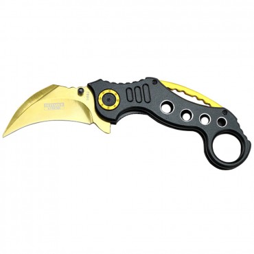 Defender-Xtreme 7 in. Spring Assisted Gold & Black Handle Skinner Knife Steel Blade
