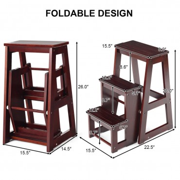 Folding Multi-functional 3-Tier Ladder Wood Step Stool