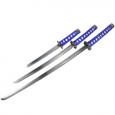 3 Piece Light Blue Samurai Sword Set Carbon Steel Blades with Stand Good Quality