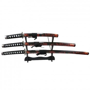 3 Piece Set Red & Black Samurai Swords Carbon Steel Blades with Stand Good Quality New