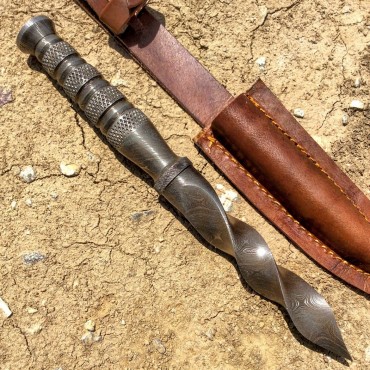 The Bone Edge 10" Damascus Hunting Knife Kris Blade with Leather Sheath Full Tang