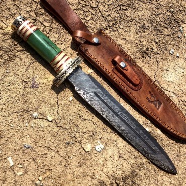 The Bone Edge 15 in. Damascus Blade Fantasy Handle Hunting Knife with Leather Sheath