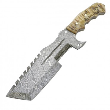 TheBoneEdge 12.5 in. Full Tang Damascus Blade Hunting Knife Ram's Horn Leather Sheath
