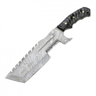TheBone Edge 12.5 in. Full Tang Damascus Blade Hunting Knife Ram's Horn Leather Sheath