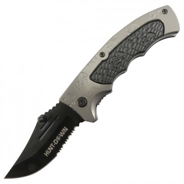 Hunt-Down 8 in. Grey & Black Handle Tiger Paw Stainless 3CR13 Steel Spring Assisted Folding Knife