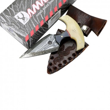 TheBoneEdge 5 in. white Damascus Custom Handmade Hunting Knives with Sheath