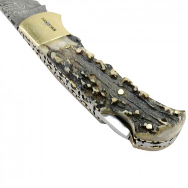 TheBoneEdge 6.5 in. Damascus Folding Knife Stag Handle Handmade with Sheath New