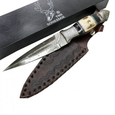 The Bone Edge 9.5 in. Damascus Blade Stag Handle Hunting Knives with leather Sheath
