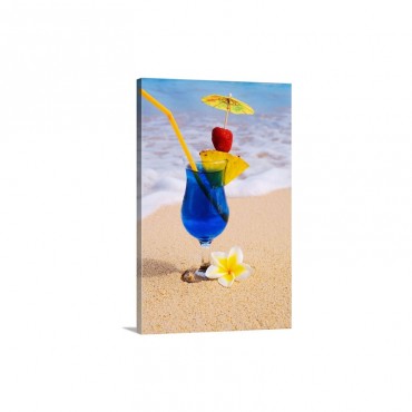 A Blue Hawaii Tropical Cocktail On The Beach Wave Washing On The Sand Wall Art - Canvas - Gallery Wrap
