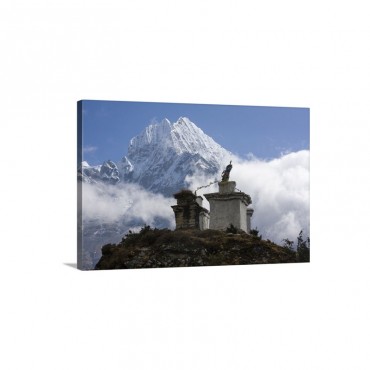 A Buddhist Stupa With Clouds And Himalaya Mountains Towering In Back Wall Art - Canvas - Gallery Wrap