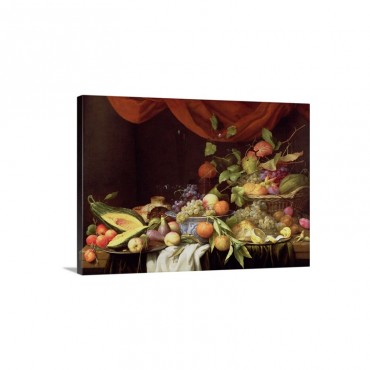 A Still Life Of Fruit On A Draped Ledge Wall Art - Canvas - Gallery Wrap