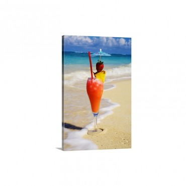 A Tropical Cocktail On The Beach Wave Washing On The Sand Wall Art - Canvas - Gallery Wrap