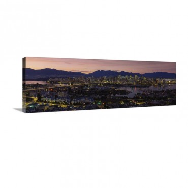 Aerial View Of A City Lit Up At Dusk Vancouver British Columbia Canada Wall Art - Canvas - Gallery Wrap