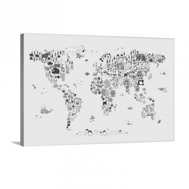 Animal Map Of The World For Children Tan Wall Art - Canvas - Gallery Wrap