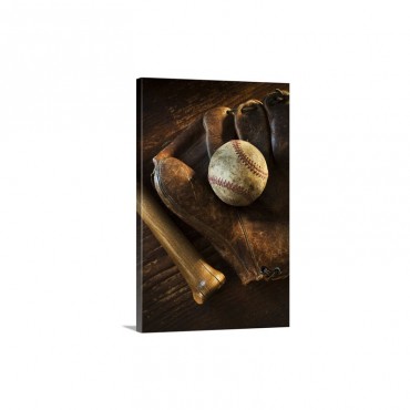Antique Baseball On Baseball Glove With Bat Wall Art - Canvas - Gallery Wrap