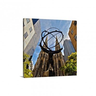 Atlas Sculpture And St Patrick's Cathedral Manhattan New York Wall Art - Canvas - Gallery Wrap