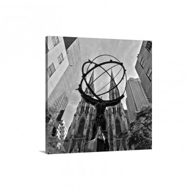 Atlas Sculpture And St Patrick's Cathedral Manhattan New York Wall Art - Canvas - Gallery Wrap