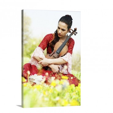 Beautiful Young Woman With Violin Outdoor Wall Art - Canvas - Gallery Wrap
