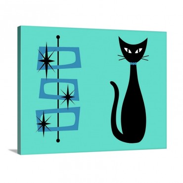 Black Cat With Mid Century Shapes On Aqua Wall Art - Canvas - Gallery Wrap