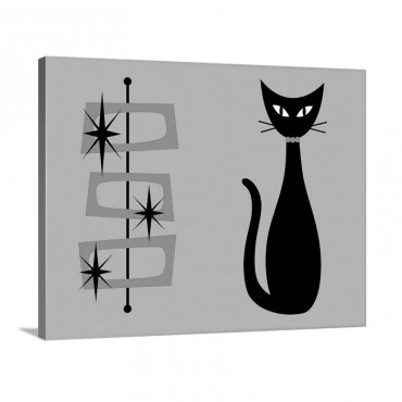 Black Cat With Mid Century Shapes On Aqua Wall Art - Canvas - Gallery Wrap