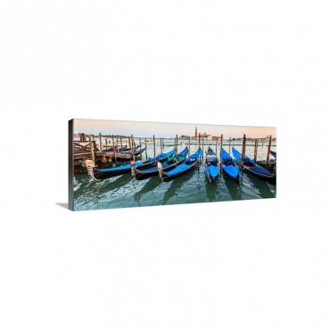 Blue Gondolas In A Row At Sunset Venice Italy Europe Wall Art - Canvas - Gallery Wrap