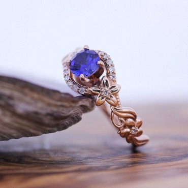 Blue Sapphire Floral Rose Gold Diamond Ring