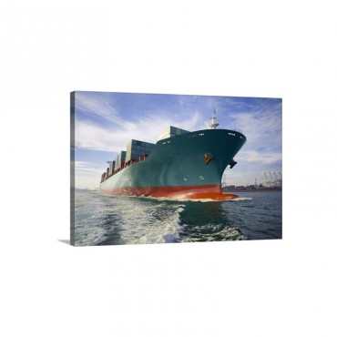Bow View Of Loaded Cargo Ship Sailing Out Of Port Wall Art - Canvas - Gallery Wrap