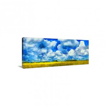Canola Growing In A Field With A Big Sky Of Blue And Cloud Overhead Digital Painting Wall Art - Canvas - Gallery Wrap