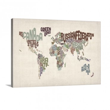Country Names World Map Muted Colors On Parchment Wall Art - Canvas - Gallery Wrap