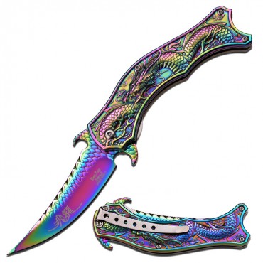 Dark Side Blades 8.5 in. Stainless Steel Spring Assisted Knife Dragon Pattern Rainbow Handle