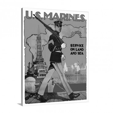 Digitally Restored Vector War Propaganda Poster U S Marines Service On Land And Sea Wall Art - Canvas - Gallery Wrap
