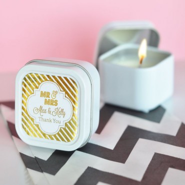 Personalized Metallic Foil Square Candle Tins - Wedding - 24 Pieces