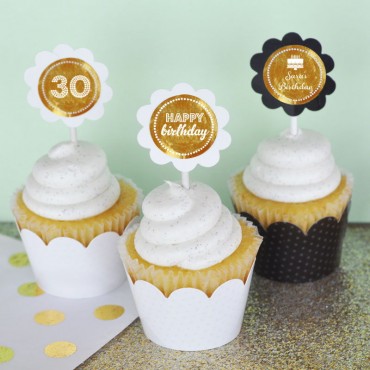 Personalized Metallic Foil Cupcake Wrappers & Cupcake Toppers - Set of 24 - Birthday