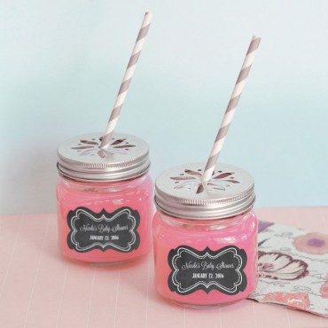 Chalkboard Baby Shower Personalized Mason Jar Drinking Glasses with Flower Cut Lids - 24 Pieces