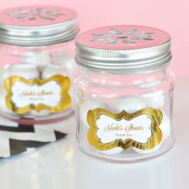 Personalized Metallic Foil Mason Jar Drinking Glasses with Flower Cut Lids - Baby - 24 Pieces