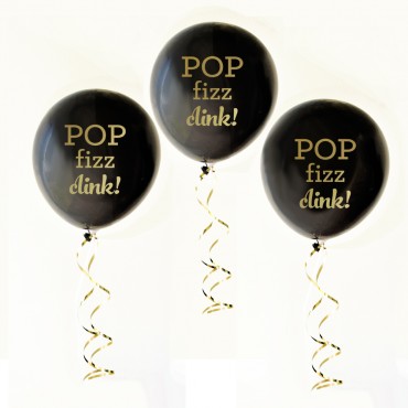 Black and Gold POP FIZZ CLINK Party Balloons - Set of 3