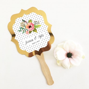 Personalized Floral Garden Gold Paddle Fans - 24 Pieces