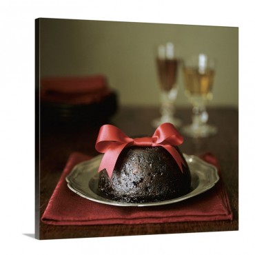 English Christmas Pudding With Red Bow Wall Art - Canvas - Gallery Wrap
