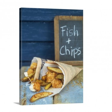 Fish And Chips In Newspaper  Blackboard Behind Wall Art - Canvas - Gallery Wrap