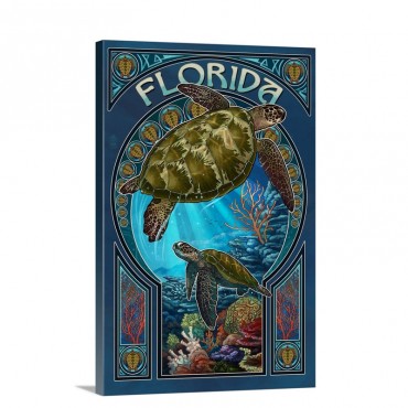 Florida Sea Turtle Art Nouveau Retro Travel Poster Wall Art - Canvas - Gallery Wrap