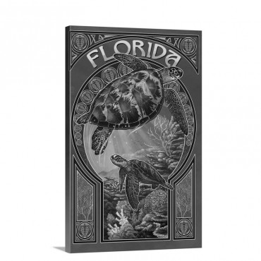 Florida Sea Turtle Art Nouveau Retro Travel Poster Wall Art - Canvas - Gallery Wrap