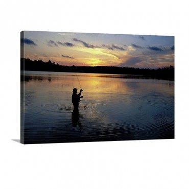 Fly Fisherman Silhouetted By Sunrise Mauthe Lake Kettle Moraine State Forest Wisconsin Wall Art - Canvas - Gallery Wrap