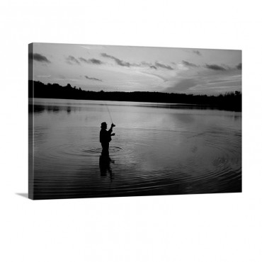Fly Fisherman Silhouetted By Sunrise Mauthe Lake Kettle Moraine State Forest Wisconsin Wall Art - Canvas - Gallery Wrap