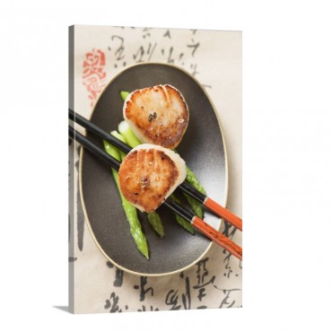 Fried Scallops With Green Asparagus Wall Art - Canvas - Gallery Wrap