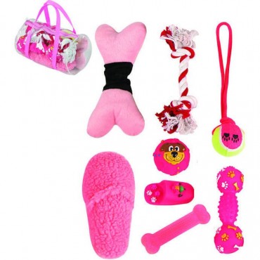 8 Piece Duffle Bag Pet Toy Set - Pink