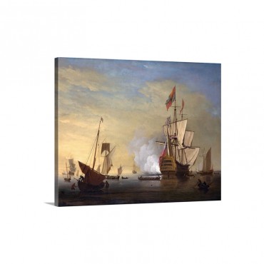 Harbor Scene An English Ship With Sails Loosened Firing A Gun By Peter Monamy Wall Art - Canvas - Gallery Wrap
